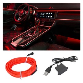 EL Wire Interior Car LED Strip Lights, USB Car Neon Light Strip with Sewing Edge, 16FT Neon Light 5V with Fuse Protection, Electroluminescent Car Indoor Decorations (Red)