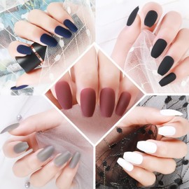 ookizom Press on Nails Medium, 24 Pcs Glossy Fake Nails Coffin, Pure Colour False Nails with Glue Acrylic Nails for Women Girls, Abstract Fake Nails for Nail Art Manicure Decoration (Violet)