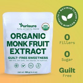 Organic Monk Fruit Sweetener, 125g (4.41oz), No Fillers Pure USDA Organic Monk Fruit Extract Powder with No Aftertaste, Zero Calorie & Zero Carbs, Keto & Paleo Friendly 320-400 Servings