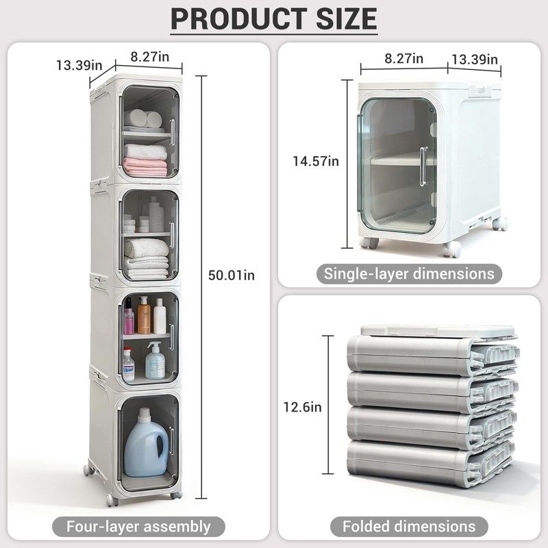 willbuy 4-Tiers Slim Bathroom Storage Cabinet, Foldable Storage Cabinets,Narrow Bathroom
