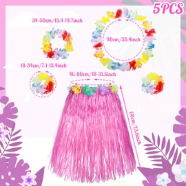 Abeillo 60 cm Hawaii Hula Skirt, 5 Hawaiian Hula Grass Skirt for Girls, Hula Dance Skirt with Flowers, Costume Accessories, Hawaiian Hula Party Fancy Dress for Girls, Tropical Party Decorations, Pink