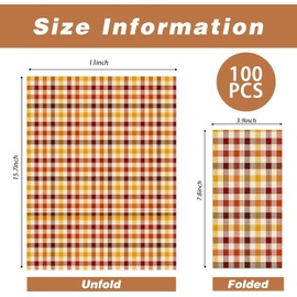 100 Pcs Fall Gingham Napkins Disposable - Fall Paper Plaid Guest Napkins Dinner Napkin for Bathroom Autumn Thanksgiving Party Supplies