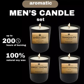 Remarkable Aromas Aromatic Men's Candle Set, 4 Scents, Up to 200 Hours Burning, 100% Natural Soy