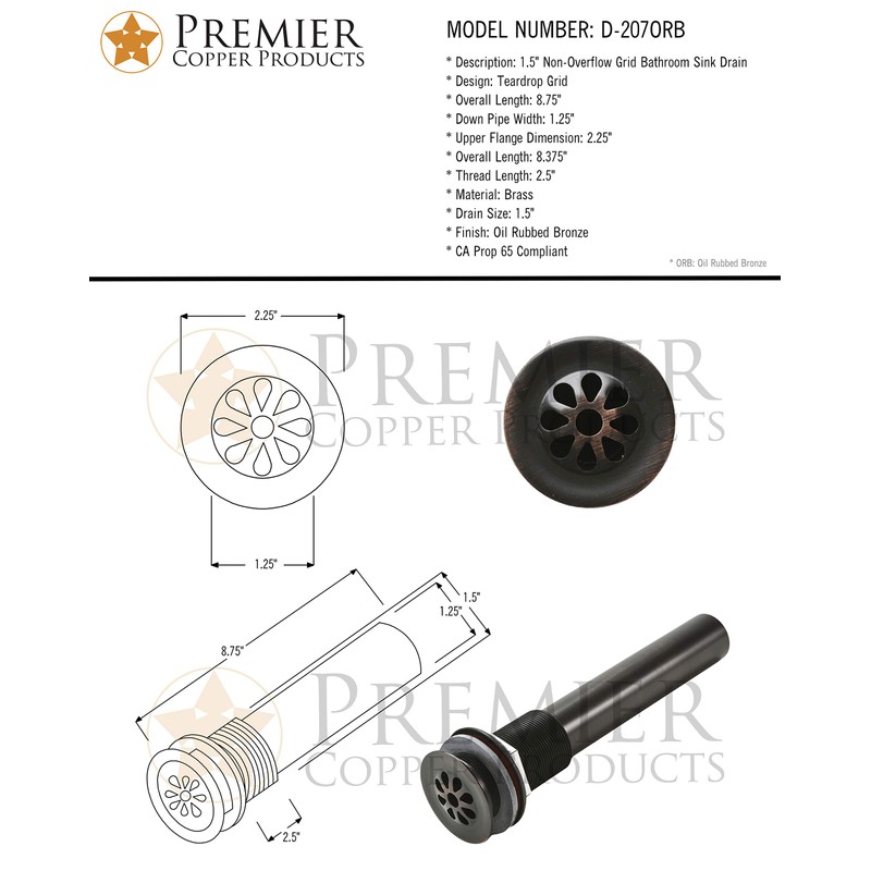 Premier Copper Products D-207ORB 1.5-Inch Non-Overflow Grid Bathroom Sink Drain,