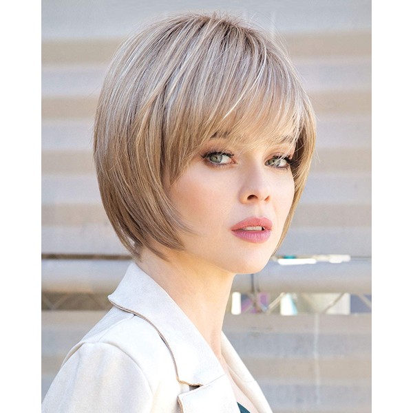Audrey Wig Color Maple Sugar Rooted - Noriko Wigs Short 6" Layered Bob Angled Sides Synthetic Average Cap