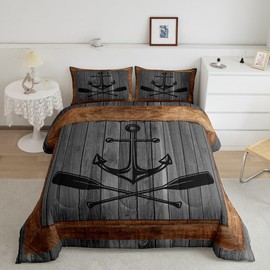Lake House Comforter Set Queen Size,Nautical Anchor Paddle Boating Themed Bedding Set for Women Adult,Retro Grey Brown Wooden Board Grid Luxury Bed Duvet Insert, 2 Pillowcases