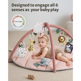 Blissful Diary Baby Play Gym & Activity Mat, Oversize Leaf Shaped Tummy Time Baby Play Mat w 6 Detachable Toys Promotes Motor Skills & Sensory Development, Newborn Infant Essentials Gift, Crystal Pink