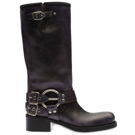 AMINUGAL Black Knee High Boots Women Square Toe Pull On Boots Wide Calf Riding Boots Festival Buckles Chunky Boots Metallic Casual Vintage Buckle Rivet Boots Size 9.5