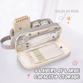 Cute Pencil Case for Kids and Adults, Large Capacity Clear Pencil Case Organizer, Portable Aesthetic Pencil Pouch Stationery Makeup Storage for Office School Travel (Grey)