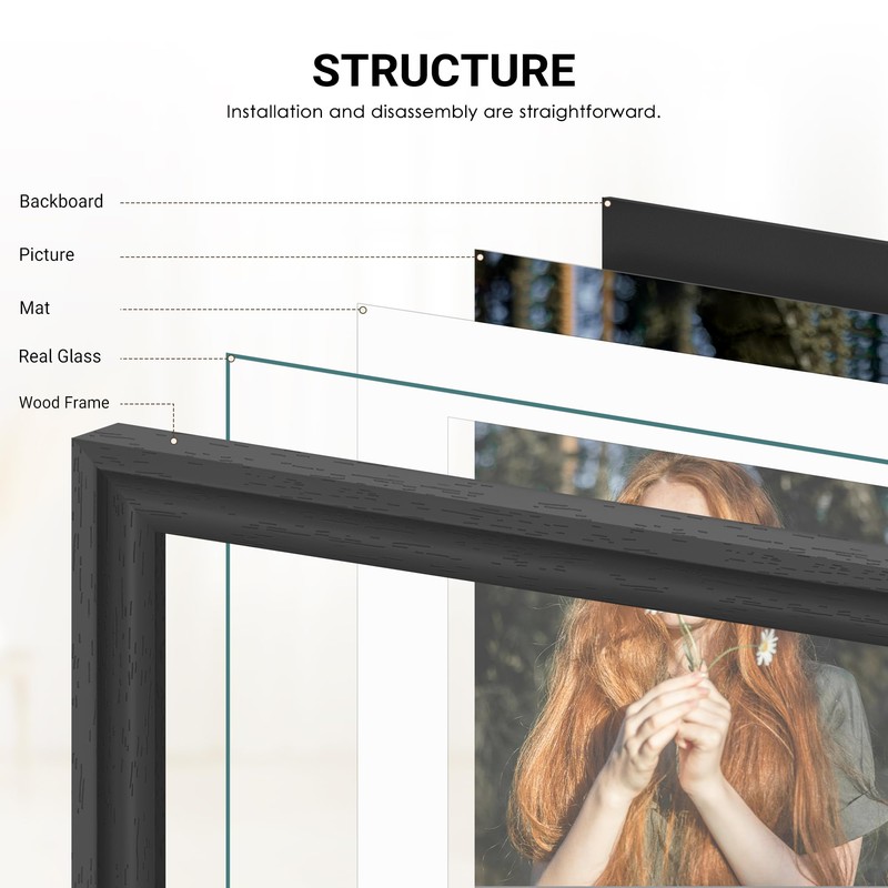 11x14 Solid Wood Picture Frame, Tempered Glass with Mat for