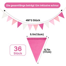 jijAcraft Pink Bunting Outdoor Weatherproof: 12 m Garland Reusable, Pack of 3 Romantic Garden Decoration Garland, 36 Beautiful Bunting for Birthday, Children's Playroom, Anniversary, Wedding