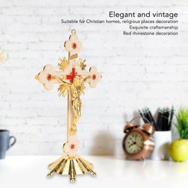 Standing Crucifix, Exquisite Retro Elegant Metal Standing Cross, Red Rhinestone Decoration Crucifix Cross with Base, Sturdy, Durable Catholic Jesus Cross, for Christians