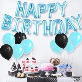 KatchOn, Light Blue Happy Birthday Balloon Banner - 16 Inch | Happy Birthday Sign | Birthday Decoration For Boys, Girls, Women and Men | Ocean Theme Birthday Decorations