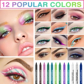 12 Colors Colorful Eyeliner Pencils Set Glitter Colored Eyeliner Pen Kit Metallic Pearl Green Purple White Blue Matte Eye Shadow Pencil Long Lasting Waterproof Professional Eye Makeup Pen Set (12Pcs)