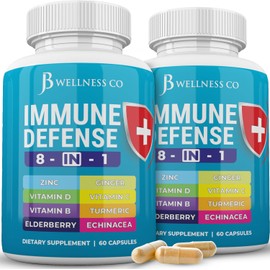 JB WELLNESS CO Immune Support 8 in 1 Capsules - Zinc Supplement, Vitamin D3, Vitamin C and Elderberry - Immune Booster Ginger Root, and Turmeric - [2-Pack]