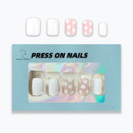 ORZOLATENT Pink & White Star Press-On Nails – 24 Short Square Nails, 12 Sizes, Glossy Gel, Sheer Pink with White Stars, Long-Lasting, Includes Tool Kit, Easy DIY