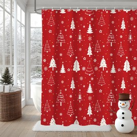 AIBIIN Red Christmas Shower Curtain Xmas Tree Snowflakes Bath Curtains for Bathroom Durable Polyester Material with 12 Hooks 180x180cm