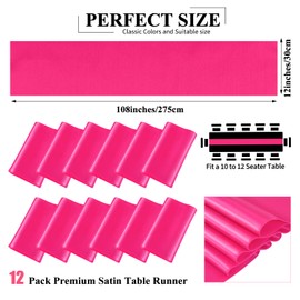 LOKUME 12 Pack Hot Pink Satin Table Runner 12 x 108 inch Long Premium Smooth Table Runner for Wedding, Banquets, Birthday, Party, Graduation, Engagements,Table Runners fit Rectangle and Round Table