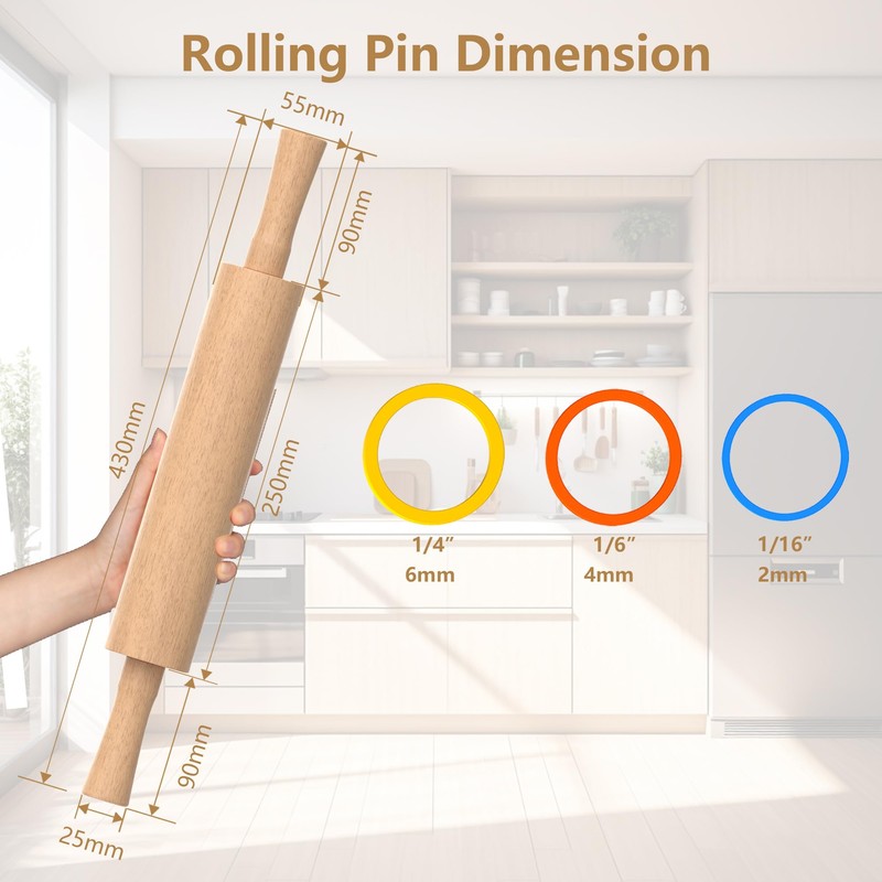 Mepple Classic Wooden Rolling Pin with Handle for Fondant, Pizza,
