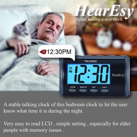 HearEsy Talking Alarm Clock for Visually Impaired - Large Numbers Desk Clock - Day Clock for Seniors - Battery Operated Large Display Alarm Clock, Digital Clock, Digital Alarm Clock (Dark Grey)