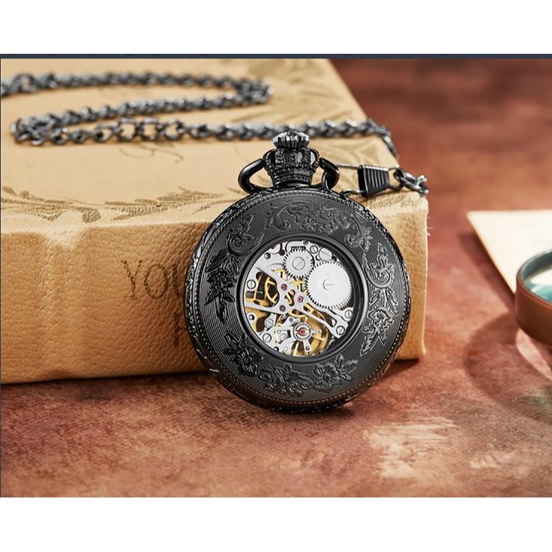 YIHAOYH Men's Mechanical Skeleton Pocket Watch Roman Numerals Dial Steampunk