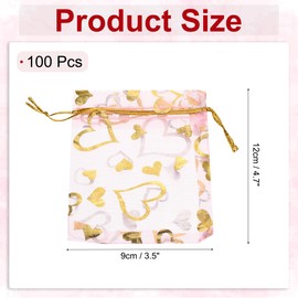 sourcing map Organza Bag 3.5" x 4.7", Sheer Heart Mesh Bags Drawstring Gift Bags Bulk Party Favor Bag Jewelry Pouches for Wedding Candy Valentines (Pink-Gold, Pack of 100)
