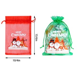 choyaxo 100PCS Christmas Organza Bags Santa Tree Print Satin Drawstring Candy Jewelry for Christmas Drawstring Gift Bags 4 x 6 Inches/10 * 15cm, 10 Styles
