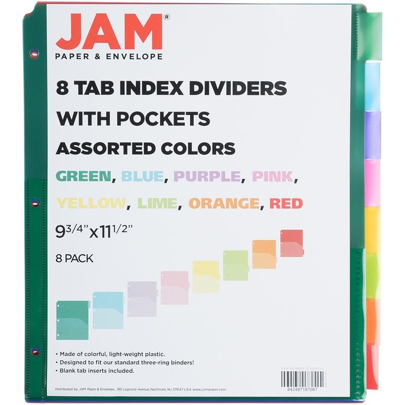 JAM PAPER Plastic Index 8-Tab Dividers w/Double Pockets - 9