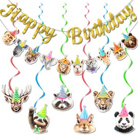 Bluegogo Safari Animals Birthday Party Banner with 10 Style Banners, 6 Animal Emoji Hanging Swirls, Perfect for Jungle, Animals Themed Parties