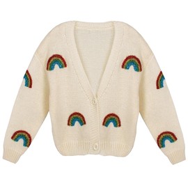 HOULENGS Women's Kawaii Strawberry Print Button Down Long Sleeve V Neck Crop Cardigan Sweater, Rainbow, One Size