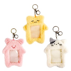 3PCS Photocard Holder with Keychain, Cartoon Plush Card Cover, Kawaii Card Cases Student, Cute Photo Protective Sleeve for ID Badge (Pink, White, Yellow)