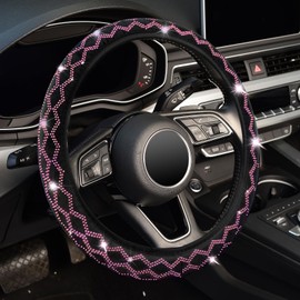 Bling Rhinestone Steering Wheel Cover with Crystal Diamond for Women, Sparkling Car Wheel Protector Universal Fit 15 Inch (Black with Pink Diamond, Standard Size(14" 1/2-15" 1/4))
