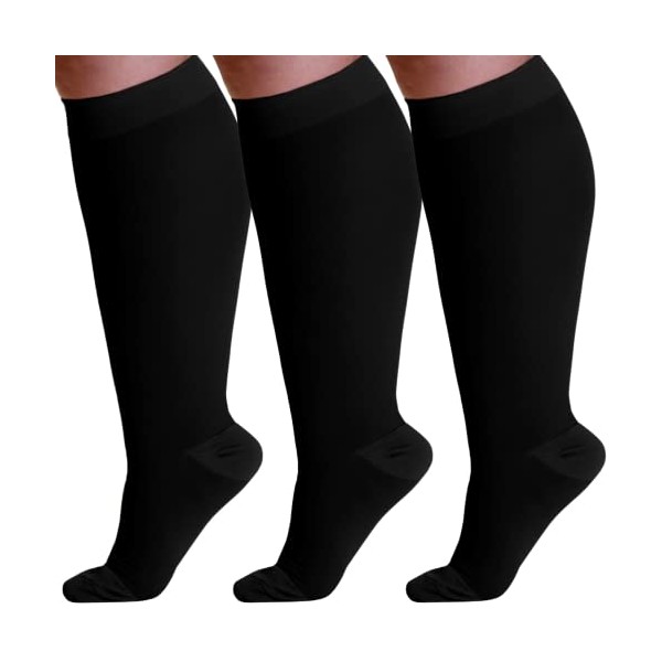 (3 Pairs) Plus Size Compression Socks Wide Calf 20-30 mmHg - Made by Absolute Support - Black, 2X-Large