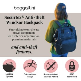 Baggallini Securtex Anti-Theft Windsor Backpack for Travel, Work & Collage, RFID & Locking Zipper, Up to 16" Laptop