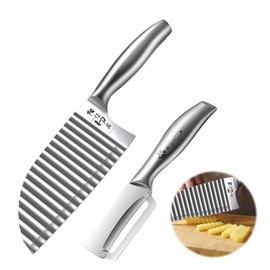 Stainless Steel Crinkle Cutter - Wavy Vegetable & Fruit Knife for Crinkle Cut Fries, Pickles, Carrots - Kitchen Gadget for BLW, Potatoes, Watermelon (【A + Peeler】)