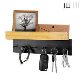 PARFCO Key Holder Wall Black, Wooden Key Rack with Shelf, 6 Hooks Key Hanger, Key Hanger Wall with Mounting Accessories, for Hallway, Living Room, Hallway