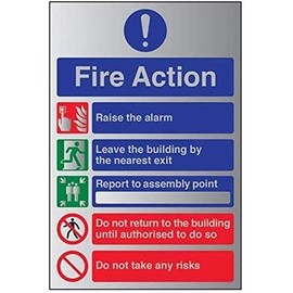 VSafety General Fire Action 5 Message Risks Sign - 200mm x 300mm - 3mm Brushed Alu Comp