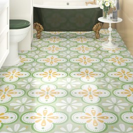 WESTICK Green Floral Peel and Stick Bathroom Floor Tile Waterproof 12" x 12" Flooring Tile Self Adhesive Removable Patterned Vinyl Floor Stickers for Kitchen Bedroom Pet House Home Decor 5 PCS
