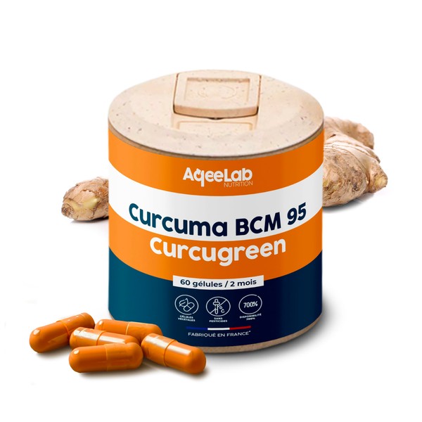Curcuma ultra dosé • Qualité maximale : BCM95® Curcugreen® • Meilleure biodisponibilité : x700% • 2 mois • Digestion & Articulation • Made in France • AqeeLab Nutrition : la marque écoresponsable