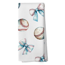 shiviody Baseball Beach Kitchen Towels - Coastal Coquette Bow Dish Towel, Cool Towels for Sports, Preppy Ocean Baseball Decorative Absorbent Dishcloths Hand Towel for Gym Pool Decor 16x24 Inches
