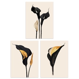 Artery8 Set of 3 Abstract Black Gold Calla Lily Flowers Living Room 12X16 Inch Wall Art Prints Pack