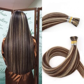kun na Hair Pre Bonded Stick Tip Keratin Real Remy Human Hair Extension 50Strands Hair Extensions I Tip Human Hair Extensions 18" Color P#4/613