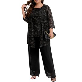 Women's Plus Size Lace Mother of The Bride Pant Suits 3Pcs Wedding Formal Outfit Set Evening Party Gown