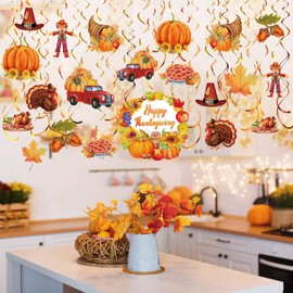 30 Count Thanksgiving Party Decorations Thanksgiving Hanging Swirls Decorations, Turkey Pumpkin Chicken Maple Cutouts Hanging Swirls Ceiling Decorations for Autumn Party Supplies (Watercolor)