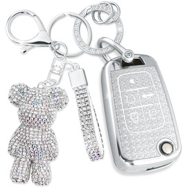 Rayslesan Cute Key Fob Cover with Rhinestone Bear Charm, Bling TPU Smart Key Case for Women, Compatible with (5-Button, Silver)