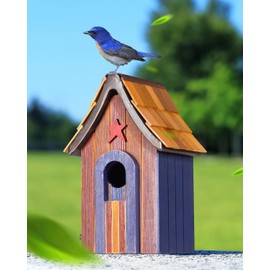 Patriotic Bird Houses for Outside Clearance with 1.5" Entrance Perch Guard, Shingle Roof Cedar Bird House Outdoor, Bluebird Finch Swallow Wren Chickadee, Longtime Lasting, 10 Years Function