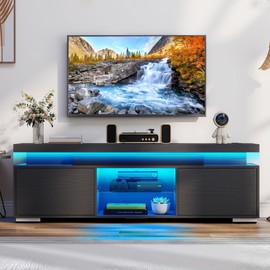 DWVO Black TV Stand with LED Lights and Power Outlet, Modern Entertainment Center for 65/60/55 Inch TV, Media Console Table TV Cabinet with Storage, Universal TV Stand for Living Room