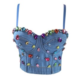 VEENDEO Women's Bustier Crop Top Mesh Corset Top Push up Rhinestone Diamond Bra Club Party Vest