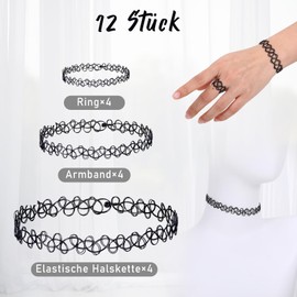 Pack of 12 Women's Choker Necklace, Elastic Choker, 90s Accessories, 4 Pieces Necklace, 4 Pieces Bracelet, 4 Pieces Ring, Tattoo Chain 90s, Black Choker Chain, Plastic, No Gemstone