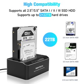 RSHTECH Hard Drive Docking Station Dual Bay, Aluminum External 2.5 & 3.5 inch SATA HDD/SSD Enclosure , USB 3.0 Type-C/A to SATA HDD Caddy, Supports UASP, Offline Clone, Tool-Free, 2x 22TB (RSH-DS01C)